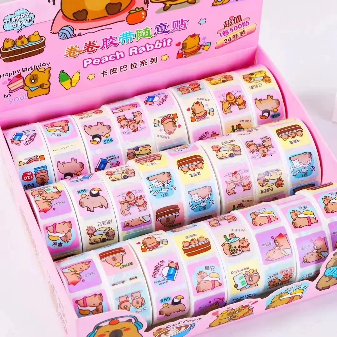 

New 1Roll Capybara Sticker for Kids Reward Sticker Cartoon Labels Valentine's Day Happy Smile Face Sticker Label birthday gift