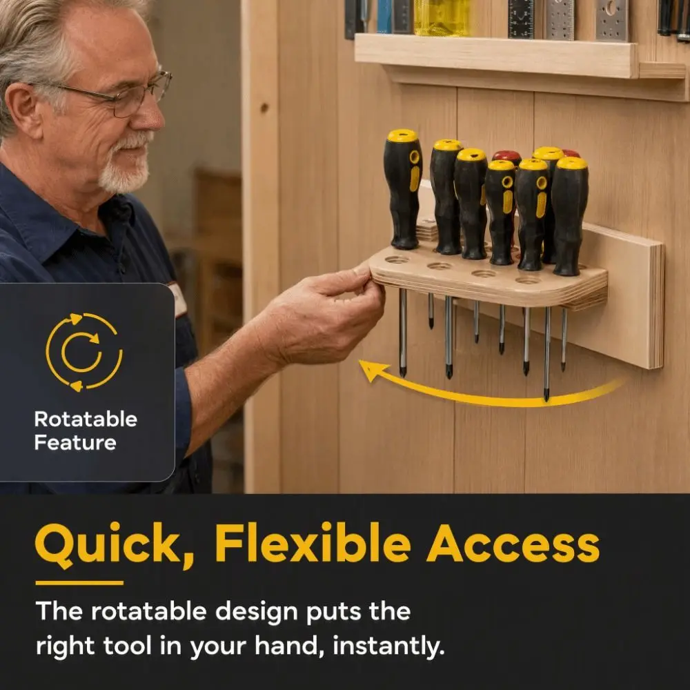 Wall Mounted Screwdriver Organizer Rotatable Multi-hole Screwdriver Stand Wooden Space Saving Screwdriver Storage Rack Workbench