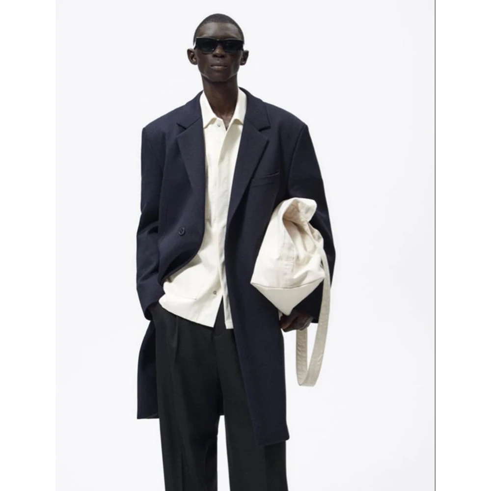

Men's Oversized Longline Navy Blazer - Relaxed Fit Single-Breasted Minimalist Style Casual Formal Oversize Male Overcoat