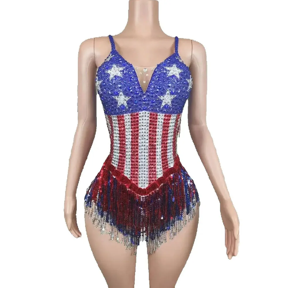 Customized Sparkly Rhinestones Tassel Bodysuit for Women Sexy Performance Dance Costume Singer Dancer Leotard Show Stage Wear