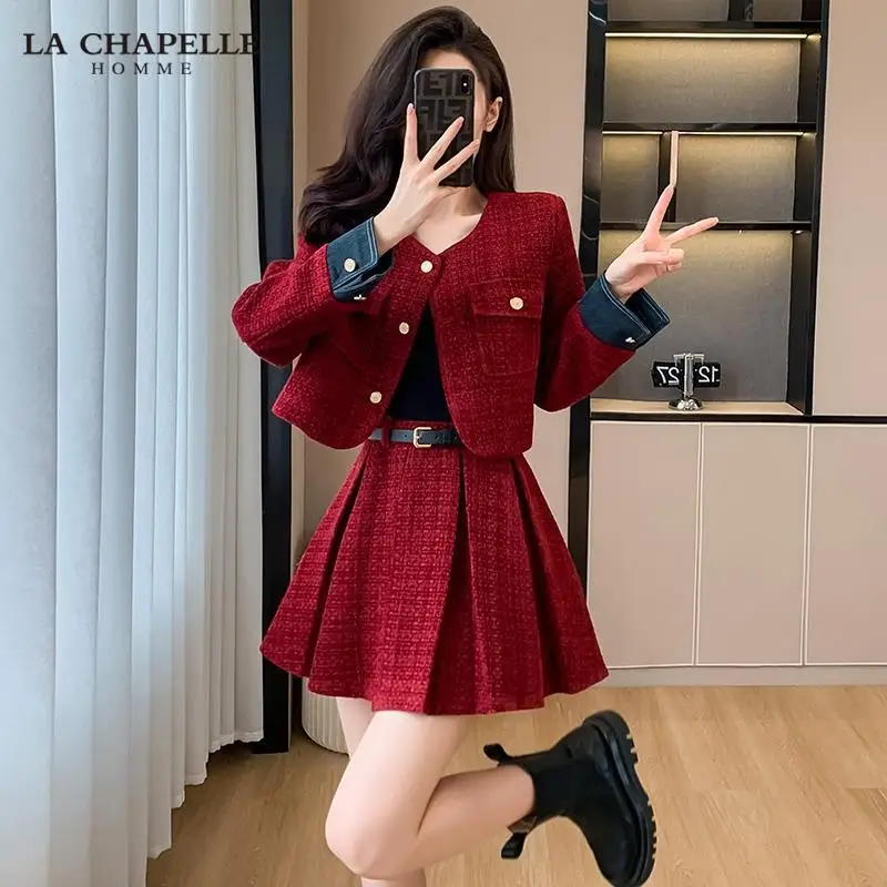 Korean Cotton Jacket Pleated Skirt Two-piece Set for Autumn and Winter Stylish and High-end New Red Short Skirt Set