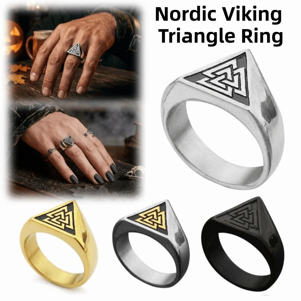 Vintage Nordic Viking Ring Finger Jewelry Titanium Steel Triangle Symbol Signet Ring Retro Minimalist Rune Protector Amulet Ring
