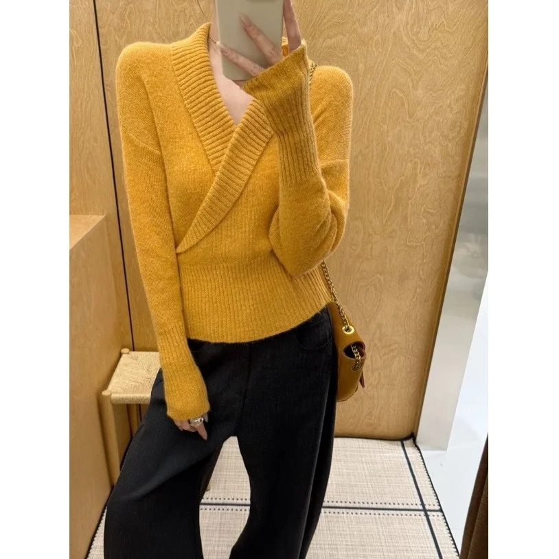 Tapete cruz v-ne lã camisola de malha feminina ort sle outono inverno macio cintura-emagrecimento topo hong kong sle
