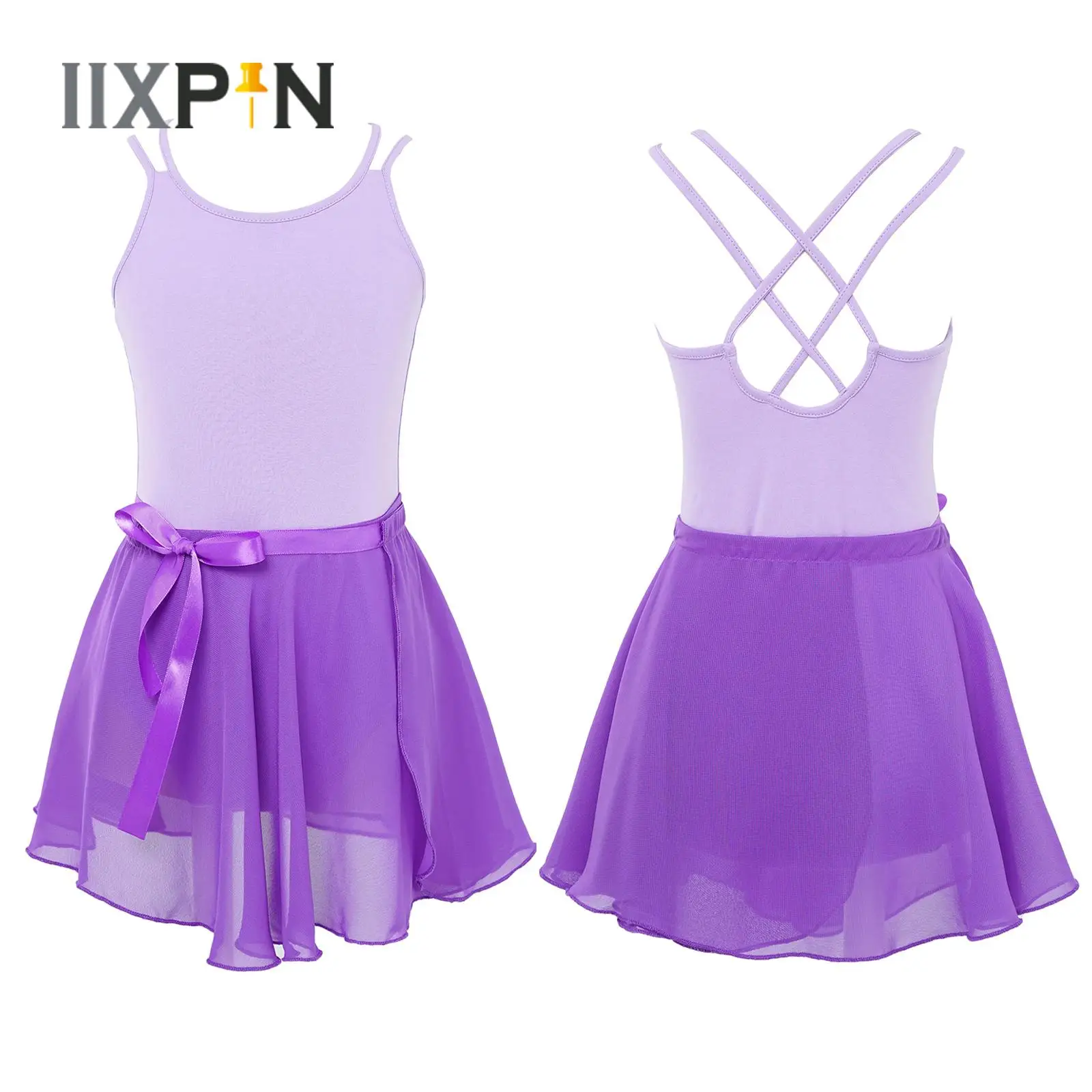 เด็กหญิงบัลเล่ต์เต้นรำยิมนาสติก Dancewear Crisscross กลับ Leotard ชีฟอง ROK Mini สำหรับ Figure สเก็ตน้ำแข็งประสิทธิภาพ