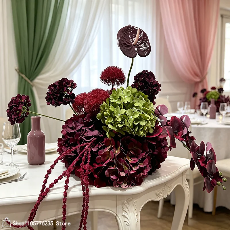 Künstliche burgundergrüne Hortensien-Tischdekoration, Hochzeits-Centerpiece, Anthurium-Orchideen-Blumenball, Event-Party-Requisiten – Detail 2