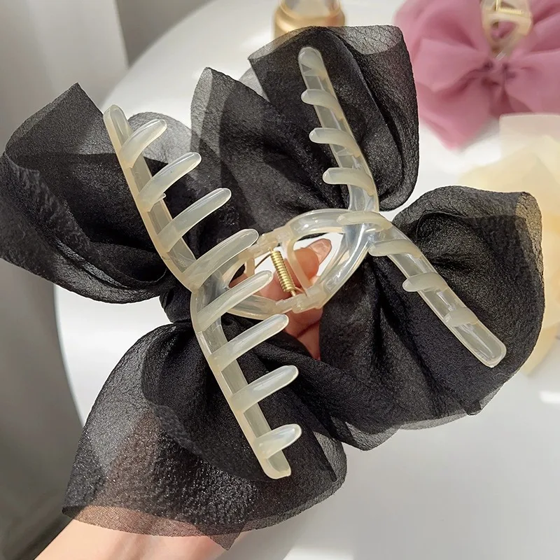 Fashion Mesh Tulle Large Bow Grab Clip Elegant Retro Female Net Yarn Ponytail Hairpins Headdress Girls Hair Accessories