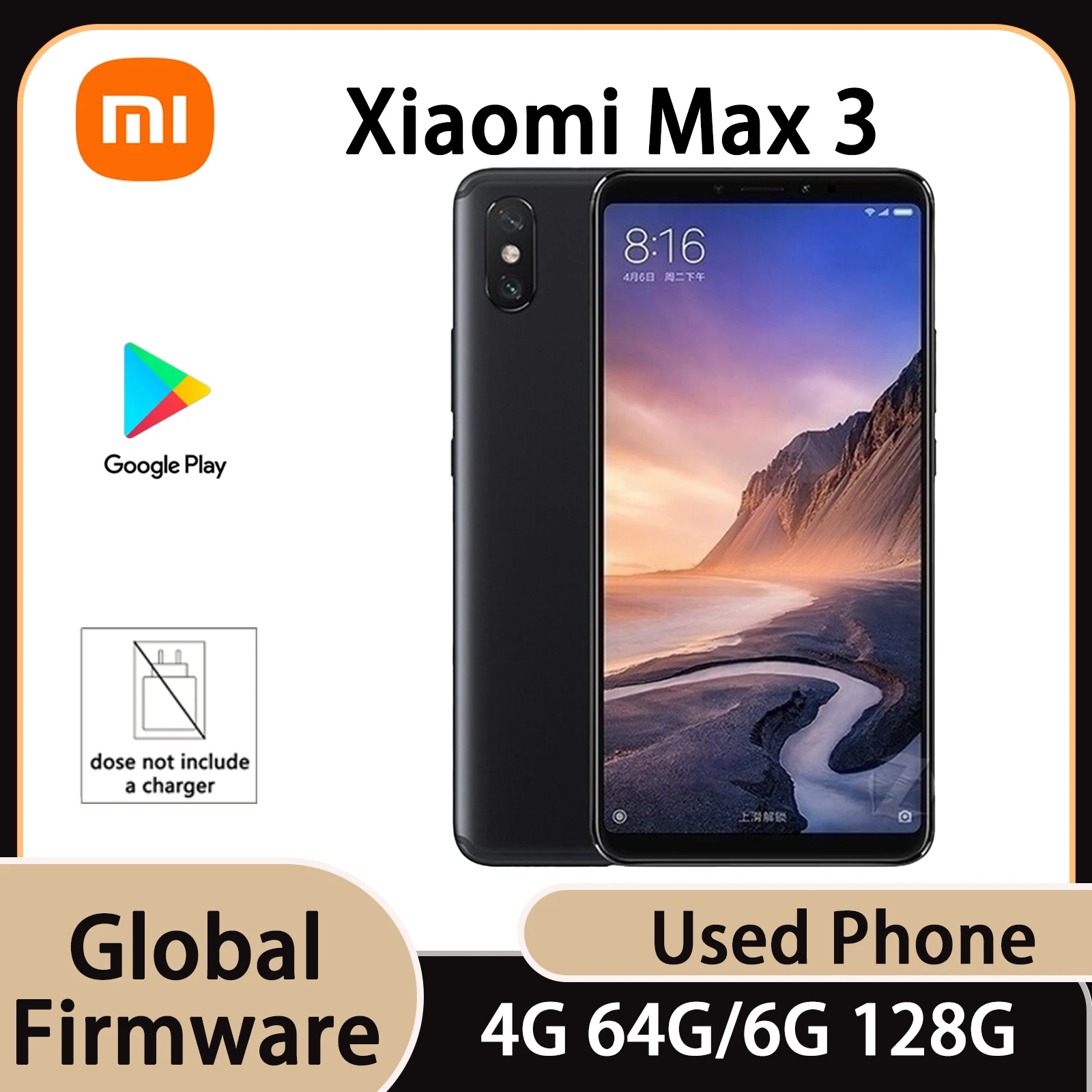 Global Firmware Xiaomi Mi Max 3 Smartphone 2160x1080px Snapdragon Back Fingerprint 6.9 inch 5500mAh Used Phone No Charger