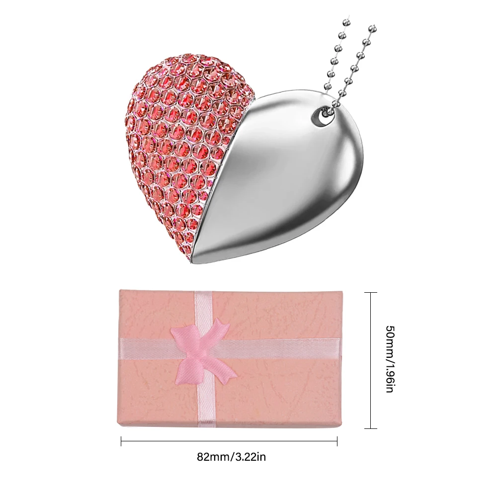 Pink Box USB Flash Drive 64GB Metal Diamond Crystal Heart Memory Stick Free Key Chain Pen Drive 32GB Thumb Creative Gift U Disk