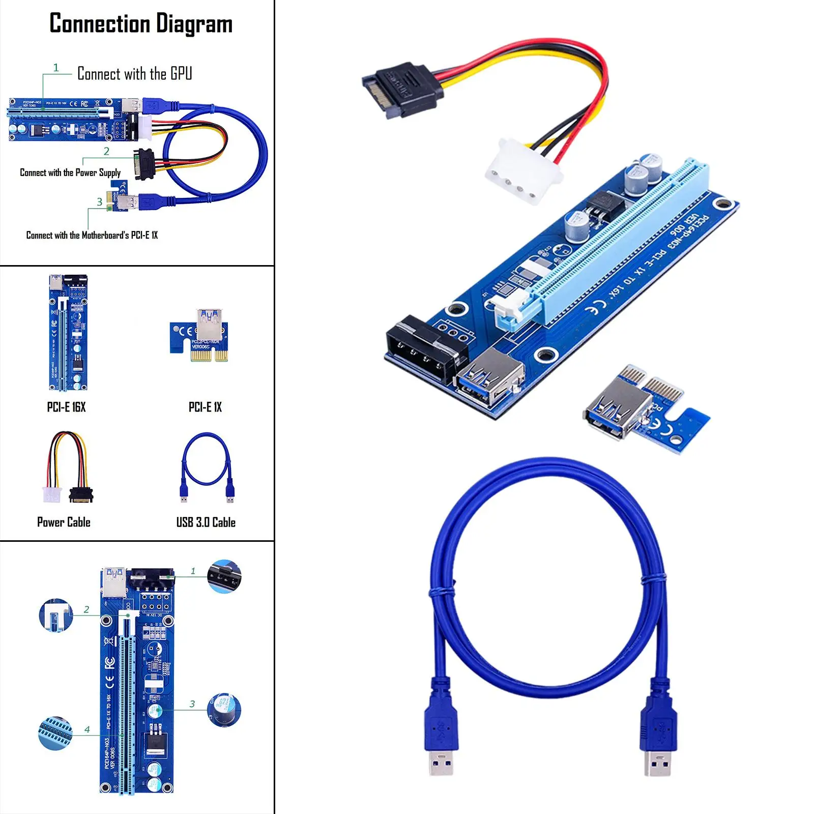 VER006S PCI-E GPU Riser Card PCIE 1X to 16X USB 3.0 60CM Cable Power