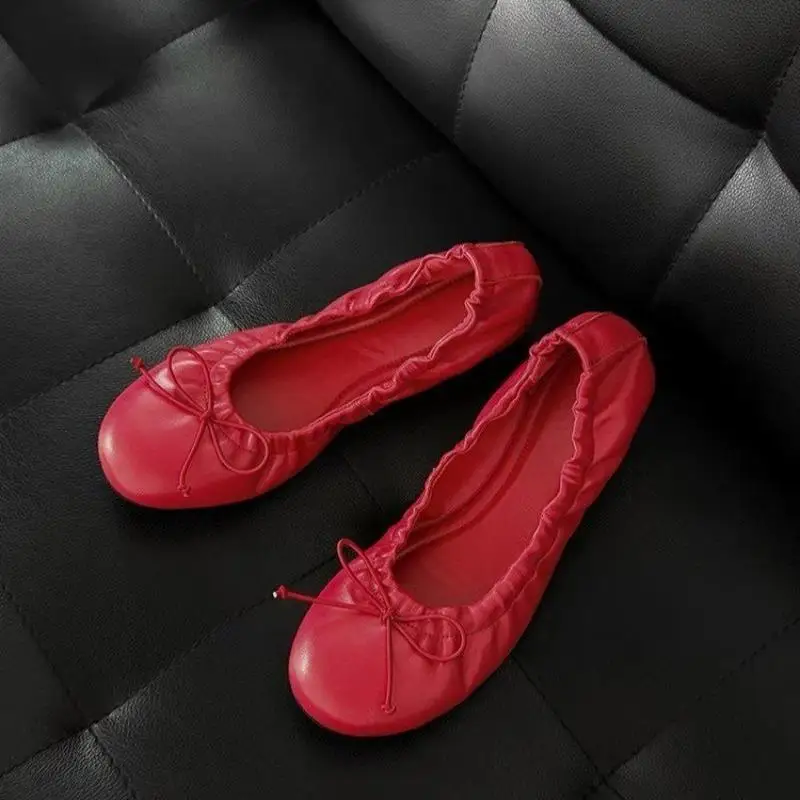 Zapatillas de ballet de punta redonda para mujer - Diseño sin cordones con detalle de lazo y bordes fruncidos | Perfecto para la oficina, citas y cenas.