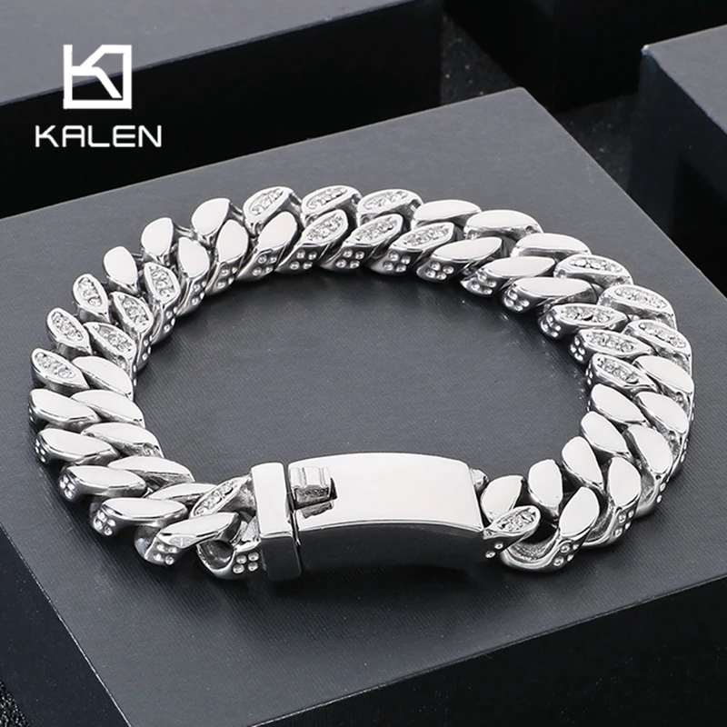 Kalen CNC Stone Cuban Chain Thick Bracelets for Men High Quality Shiny Stainless Steel Jewelry Trendy Accessories 12mm Gift