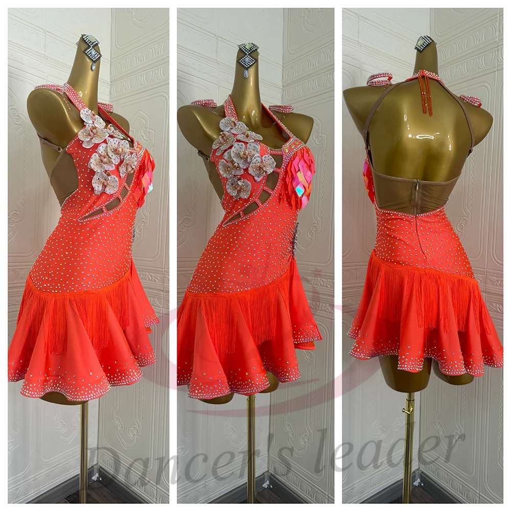 ملابس رقص اللاتينية AB Stone الإناث الكبار الأطفال الراقية مخصص الجوف زهرة فستان شرابة تنورة سوداء بركة فستان السامبا