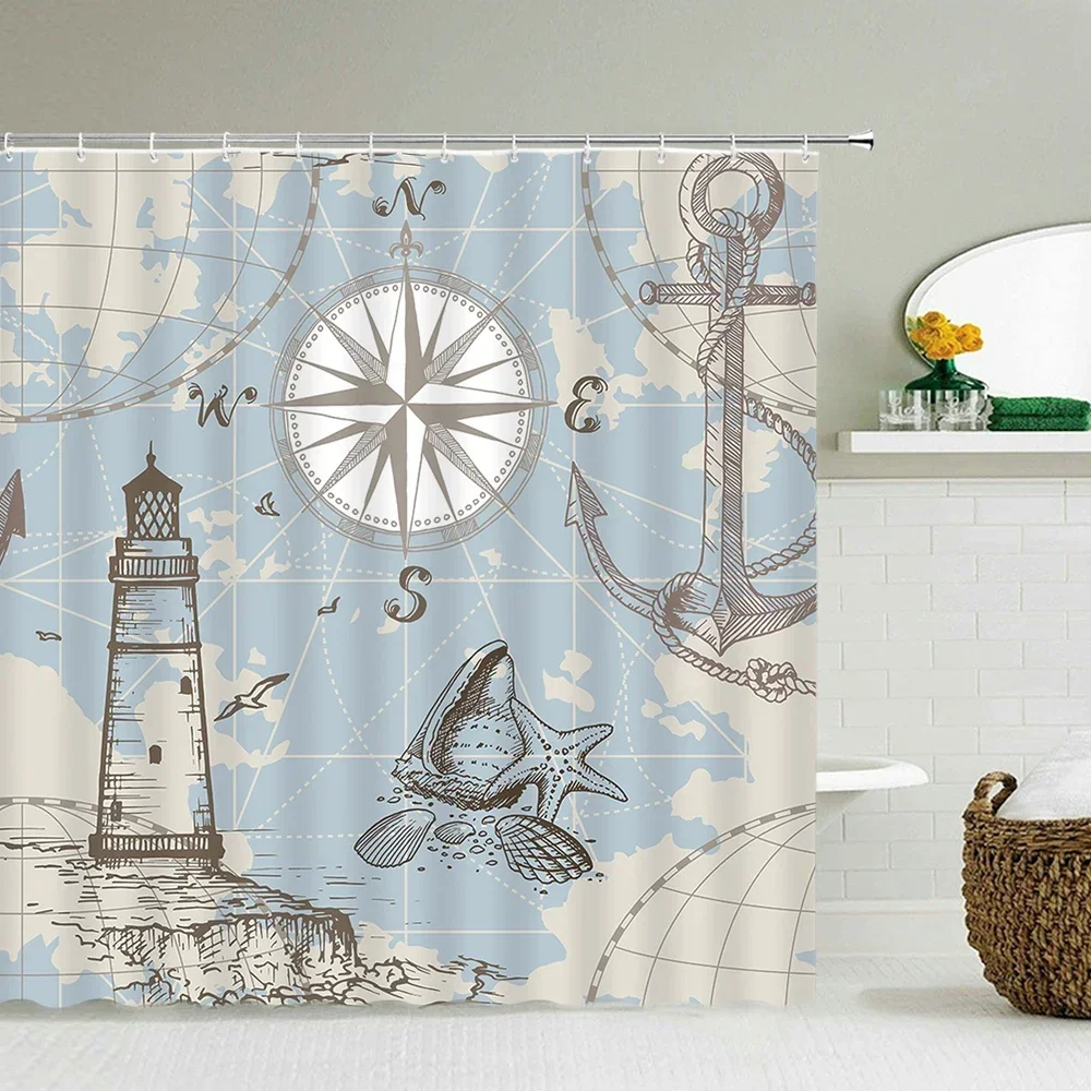 3D Printing Cartoon Nautical Bath Screens Bathroom Shower Curtain Ocean lighthouse Anchor Home Decor Multi-size Shower Curtains