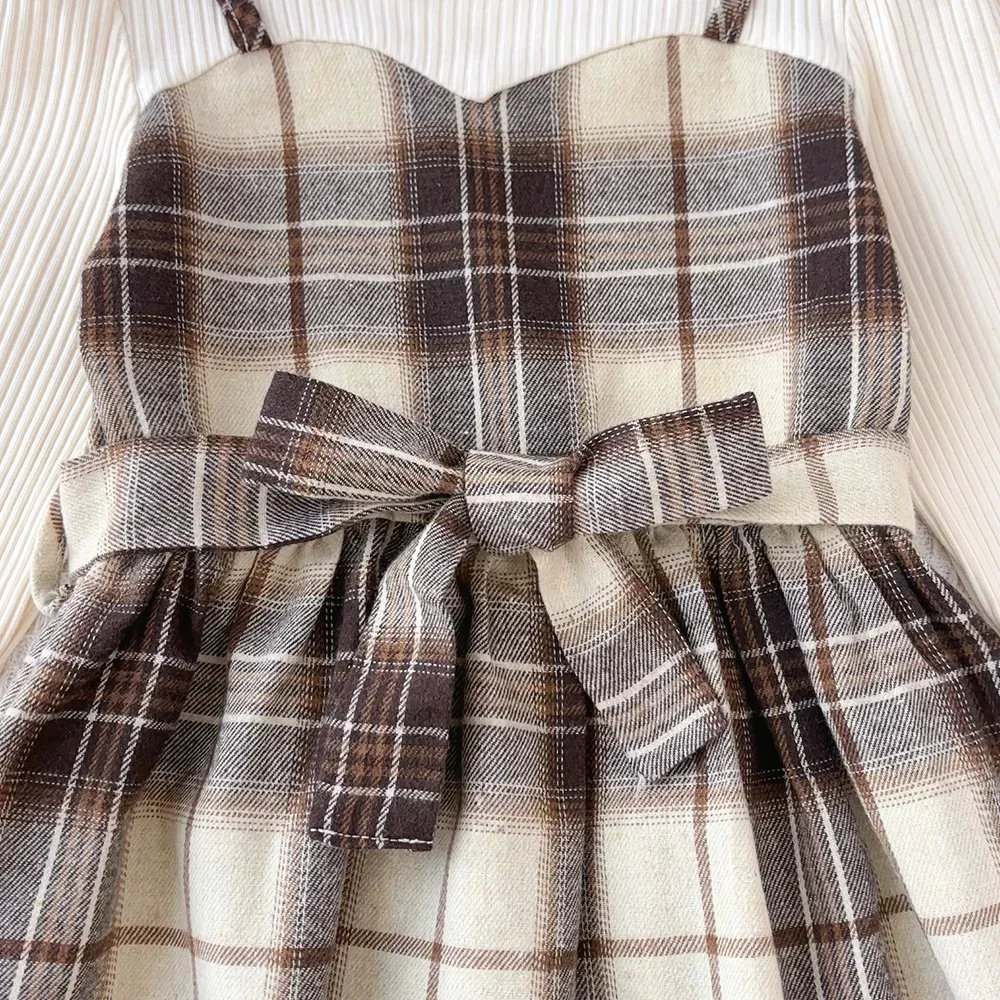 Koreanische Version Langarm-shirt Gefälschte Zwei-stück mit Gürtel + Print Hut Outfits 3-7 Jahre Alt Herbst neue Plaid Mädchen Casual Kleider – Detail 5