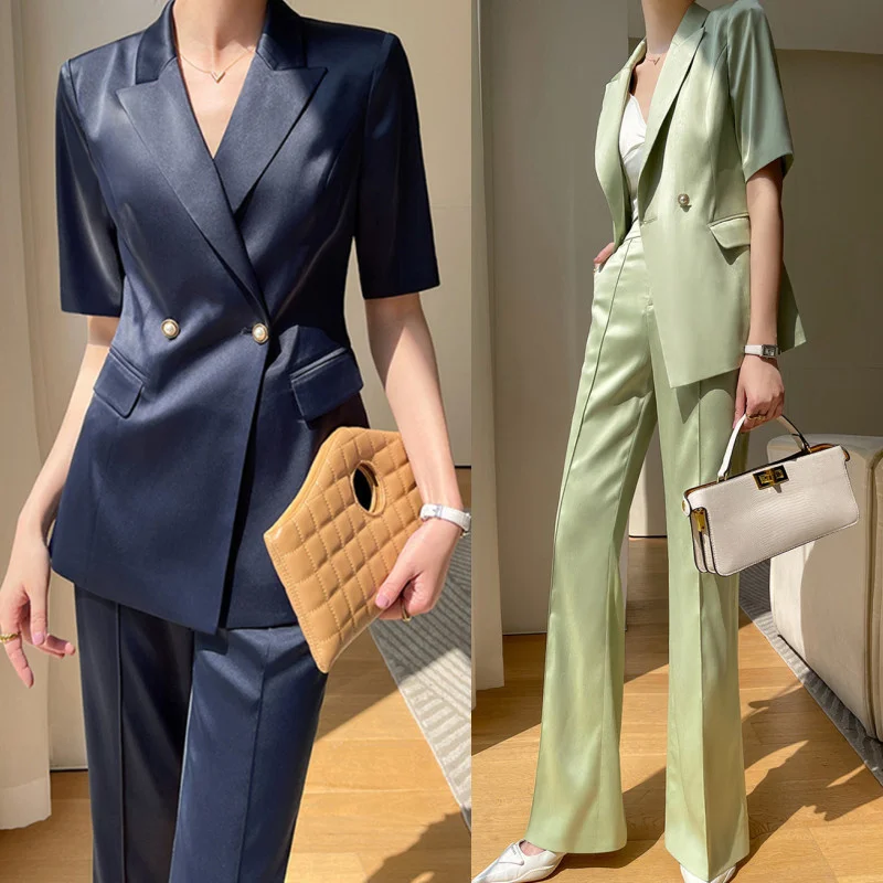 Luxury High Quality Wide Leg Pants Suits Women Summer Short Sleeve Blazer Top Long Trousers Clothes 2 Piece Set Office Lady Wear