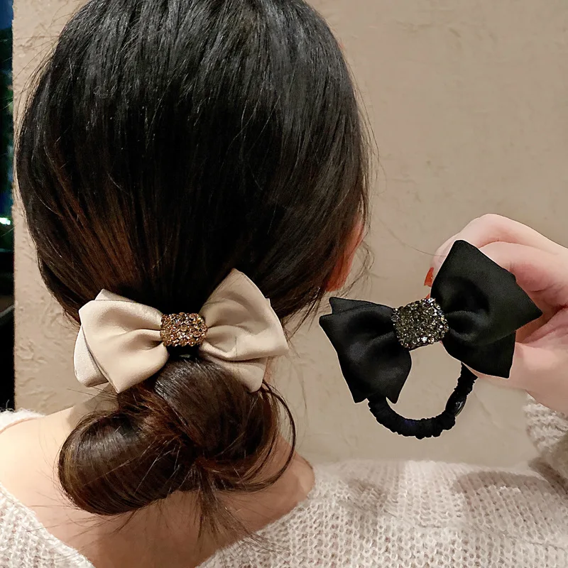 Fashion Bow Knot Crystal Hair Ties Solid Color High Elastic Scrunchies Women Ponytail Holder Girl High Quality Rubber Band