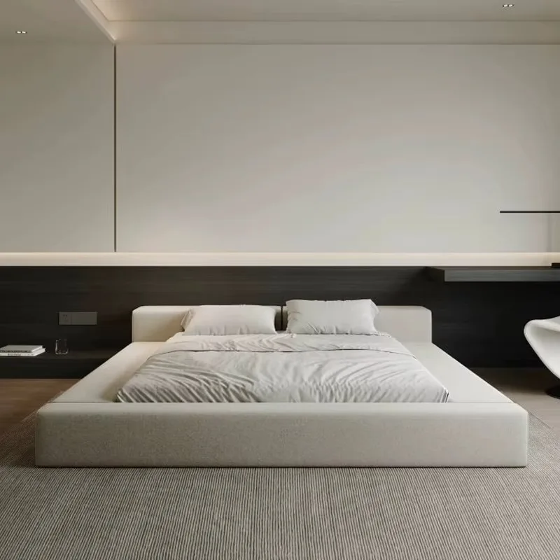 Modern Simple Customizable Furniture King-Size Bed with Fabric Upholstery Wooden Frame Tatami Double Bed for Hotel Villa Bedroom