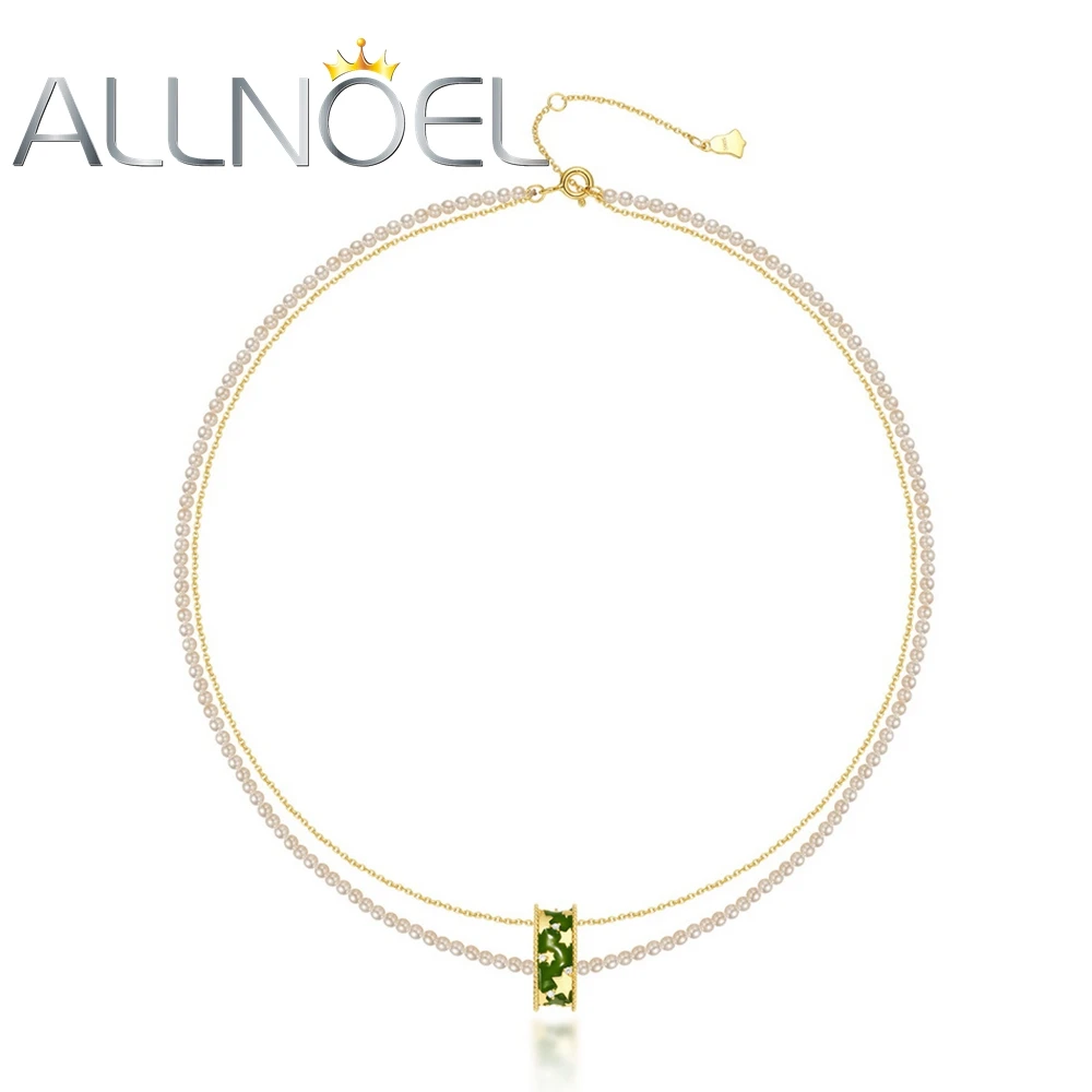 ALLNOEL 925 Sterling Silver Necklace for Women Double Chain Shell Pearl Pearls Snow Green Enamel Elegant Christmas Gifts Jewelry