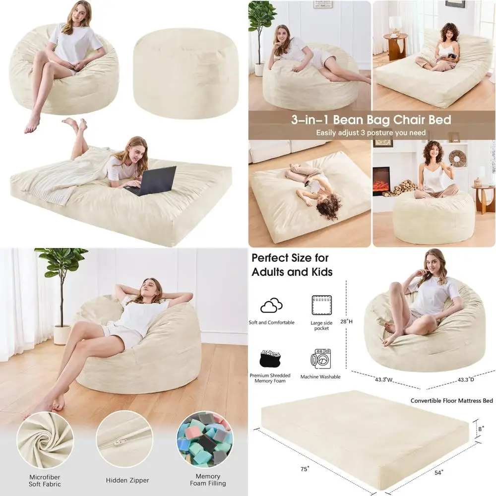 

Adult-Sized Convertible Bean Bag Chair: Luxurious Microfiber Bean Bag Bed with Furniture Foam