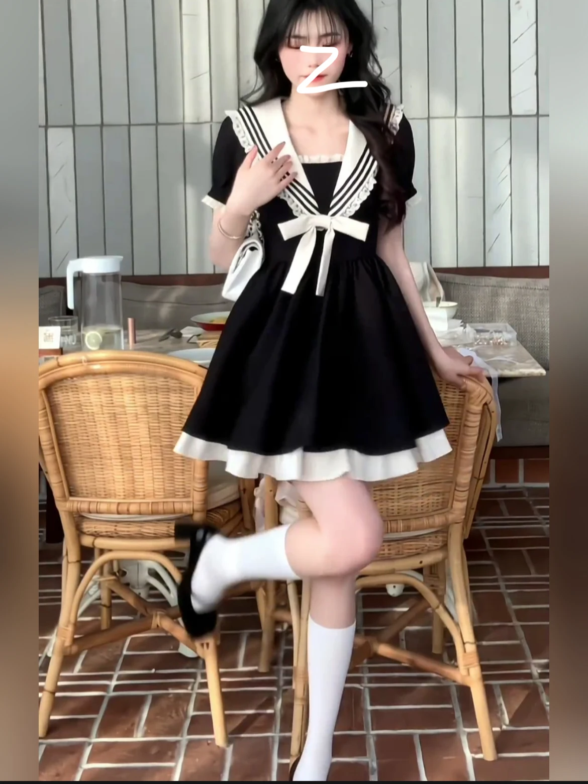 حجم كبير L-4XL كلية سوداء أنيقة البحرية طوق فستان قصير الأكمام الصيف الحلو فتاة الدانتيل عالية الخصر فساتين الحد من العمر #2