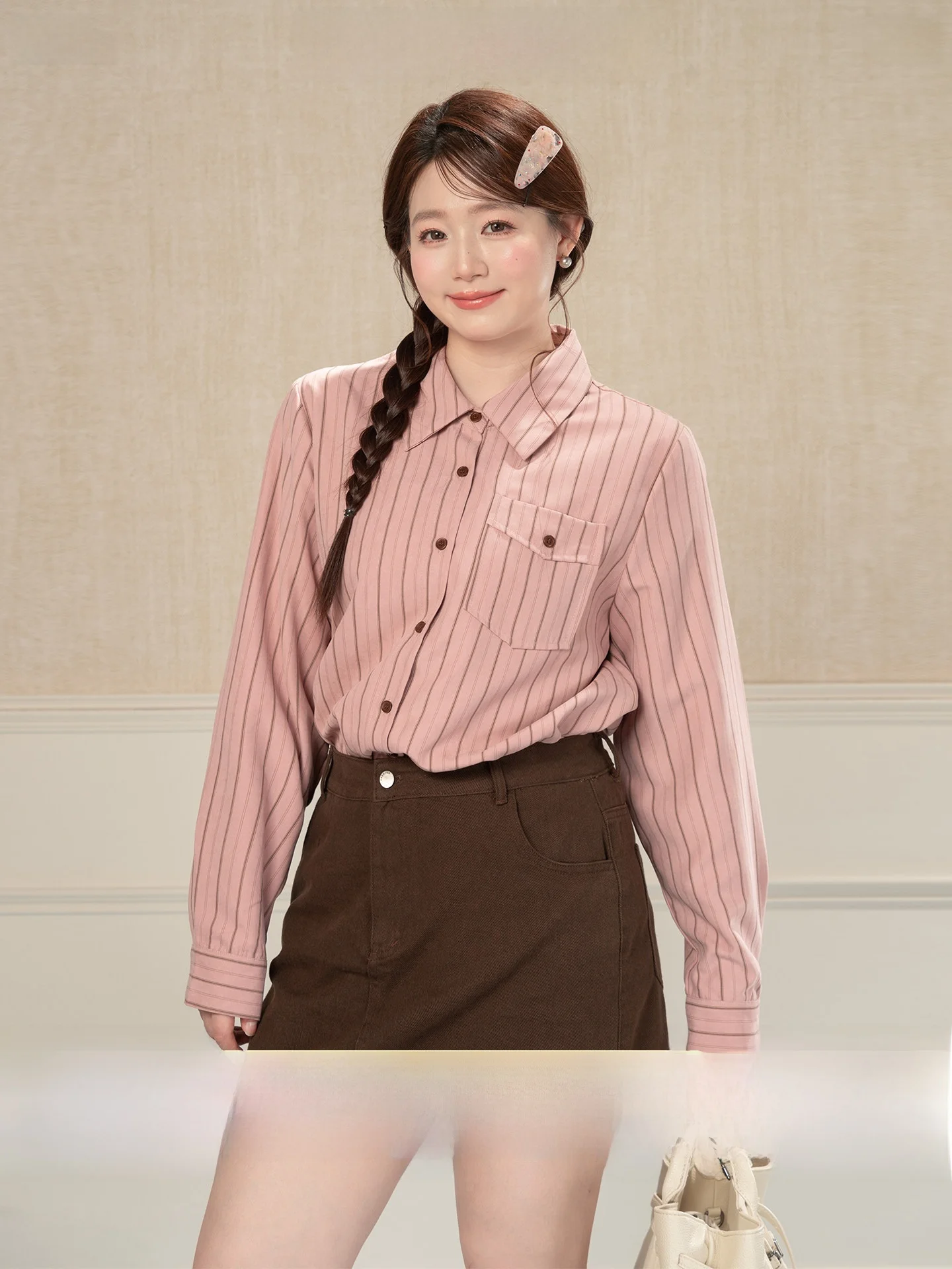 

Heynew plus Size Women's Pink Stripe Shirt Spring Loose Linear Gentle Inner Wear Top Pear Shape A-Line Skirt Long Sleeve