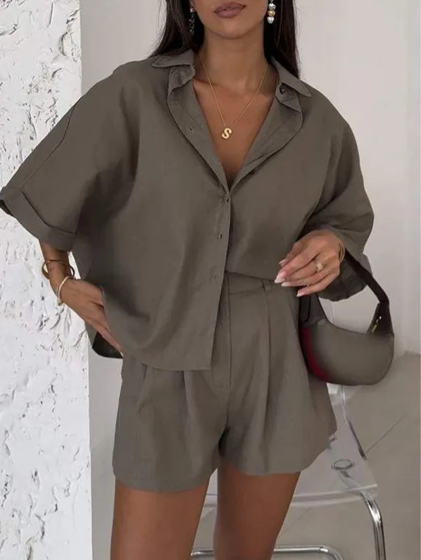 

Women's Solid Casual Short Sleeve 2 Piece Set Elastic Waisted Shirts And Shorts Fashion Set Comfortable Daily Women's Clothing