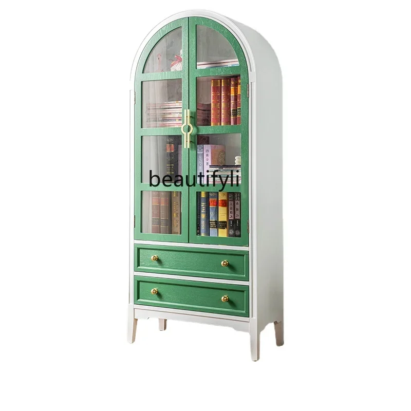 

zq American Retro Locker Storage Cabinet Living Room Combined Bookcase French Pastoral Floor Arch High Cabinet