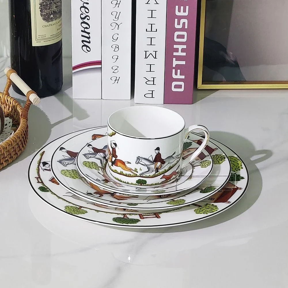 4 Piece Set Classic Bone China Cup And Saucer Horse Rider Hound Pattern Tea Cup Tea Saucer Plate
