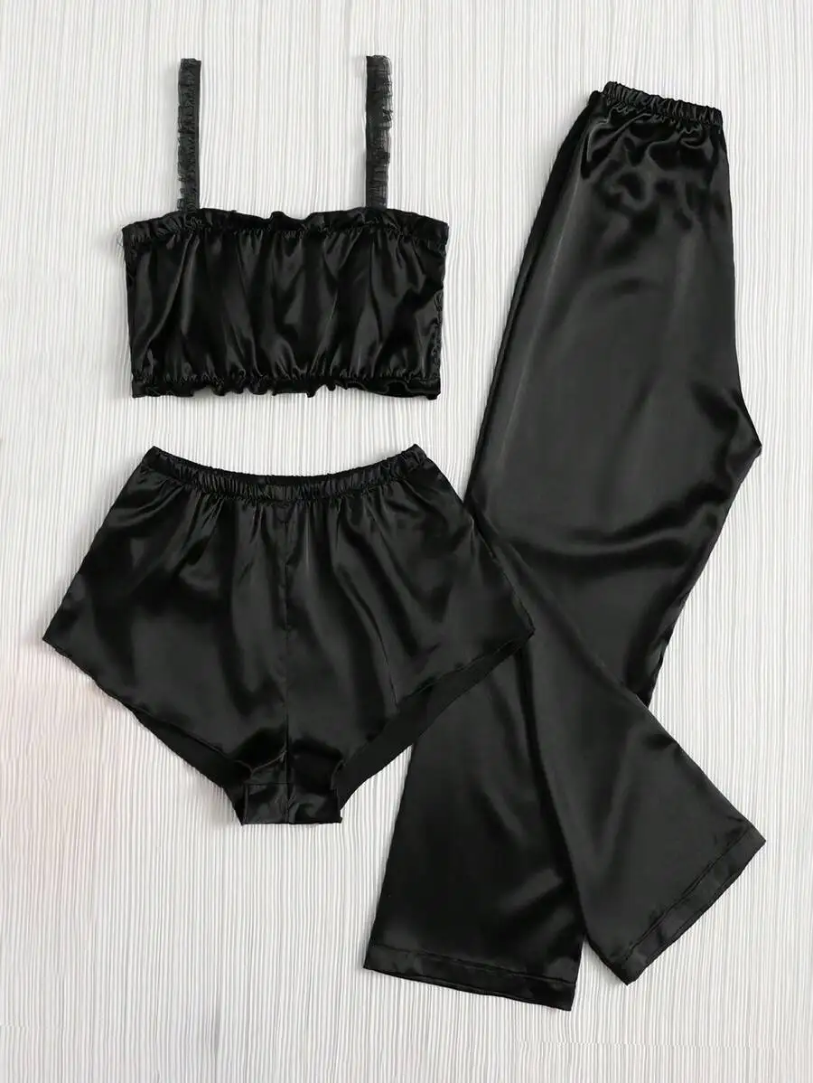 Black Color Pleated Satin Pajamas Set Including Camisole Shorts And Long Pants Silk Women Sexy Sleepwear Summer Lingerie Bra