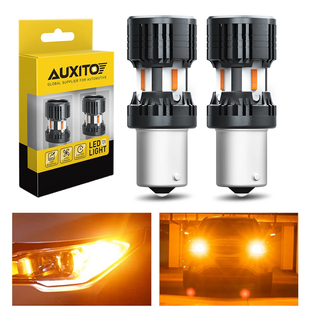 AUXITO 2Pcs 1156 BAU15S PY21W LED Turn Signal Light 2200K Amber LED Indicator Bulbs With A Cooling Fan 1800LM 12V CANBUS 28.8W