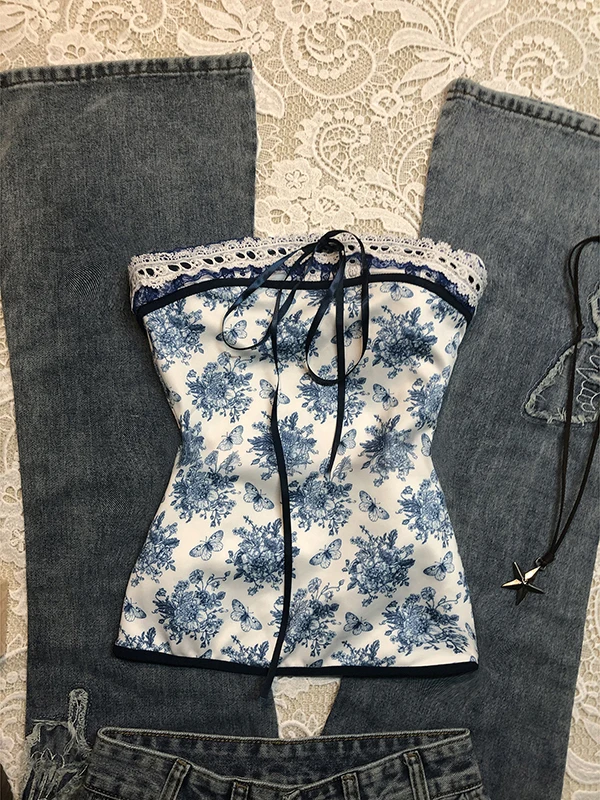 

Оригинальный синий топ без рукавов с кружевной отделкой, женская летняя винтажная милая и пряная блузка длиной до пола с принтом, облегающая повседневная блузка