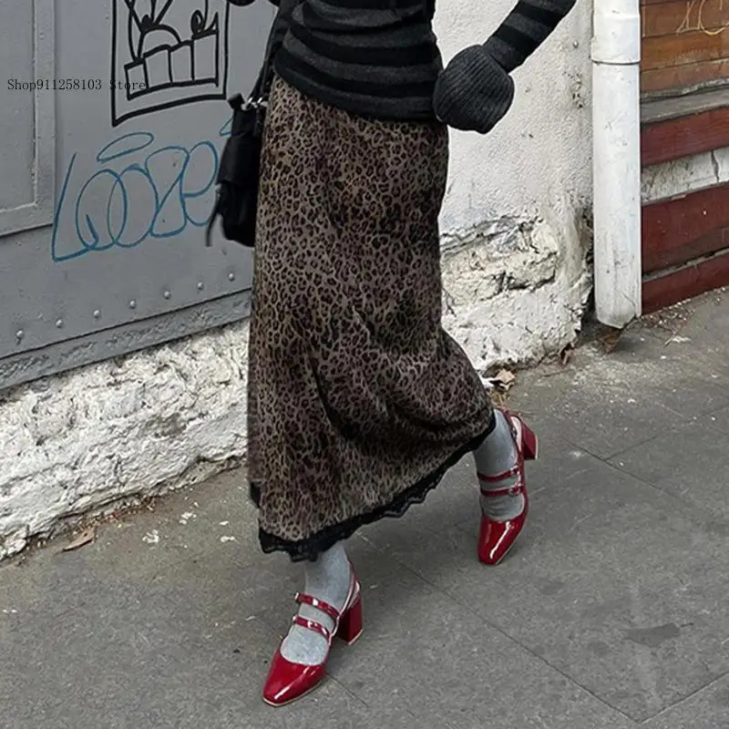 Spring and Autumn American Retro Leopard Print Patchwork Lace High Waist Slim Fit Mid Length Skirt for Women