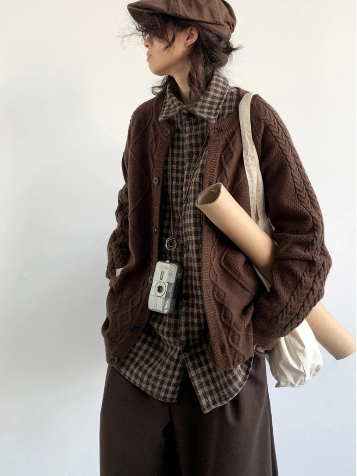 

Ретро-кардиган в японском стиле, свободный повседневный вязаный свитер с узором «косы», однотонный, для женщин и пар.