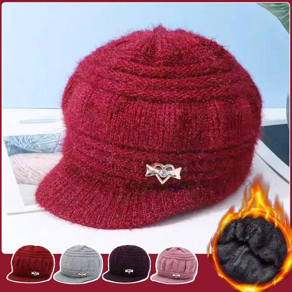 Warm Fleece Lined Knitted Hat Women's Rabbit Fur Cap Elderly Mother Grandmother Winter Fashion Commute Style Short Brim Round...