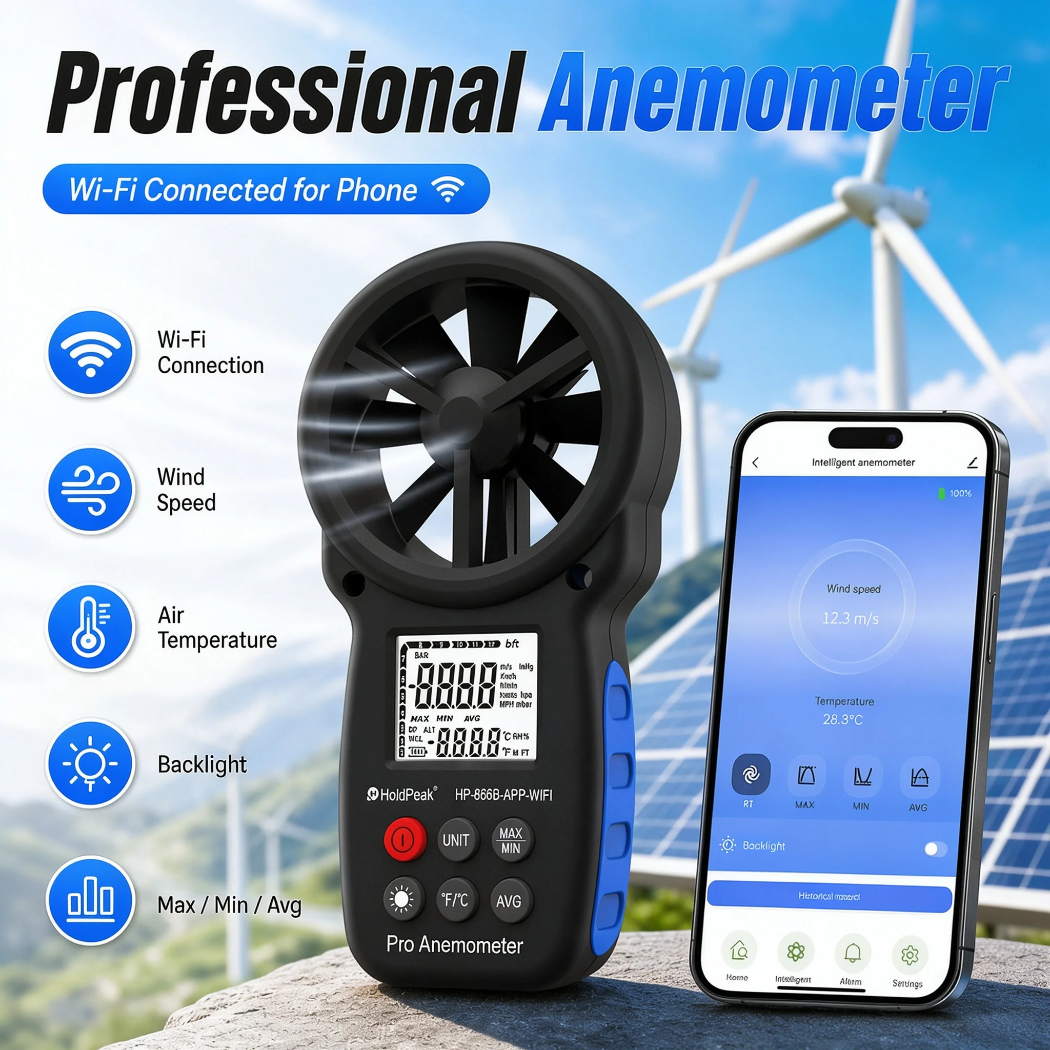 HOLDPRAKSmart WiFi Digital Anemometer Tuya APP Wind Speed Meter Air Volume Temp Tester for HVAC Drone Weather Monitoring Outdoor