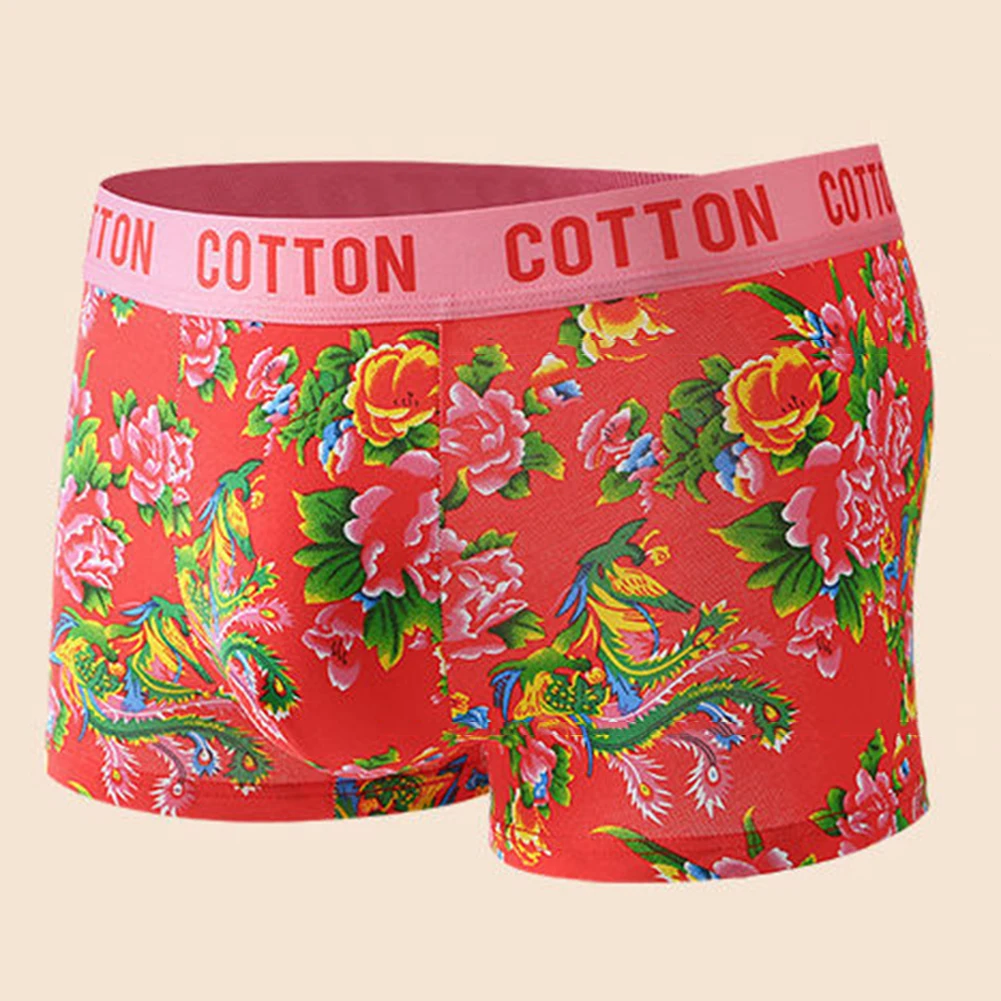 Mens Cotton Briefs Printed Underwear Middle Waist Panties Northeast Big Flower Flats Shorts U Convex Knickers