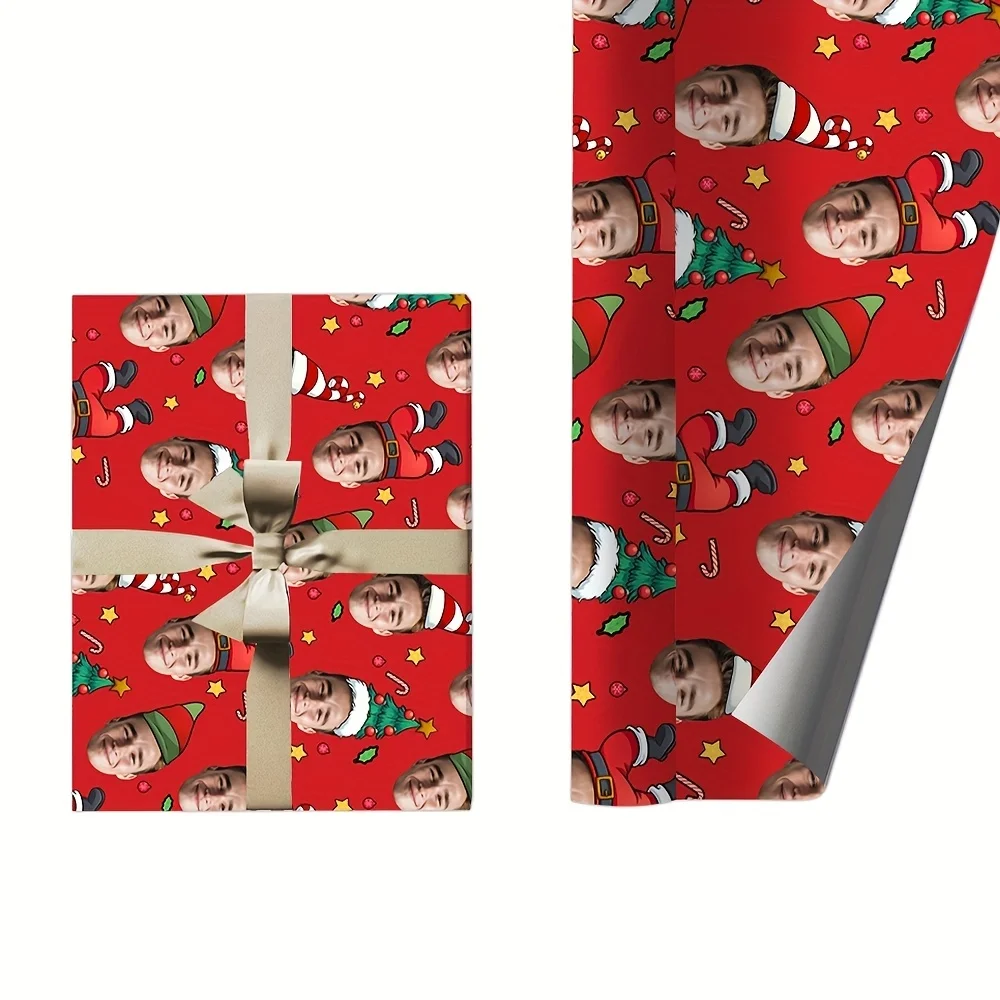 5 Sheets Customized Face Christmas Wrapping Paper, Personalized Elf Santa Hat Festive Gift Wrap Unique Merry Xmas Present Wrap view 6