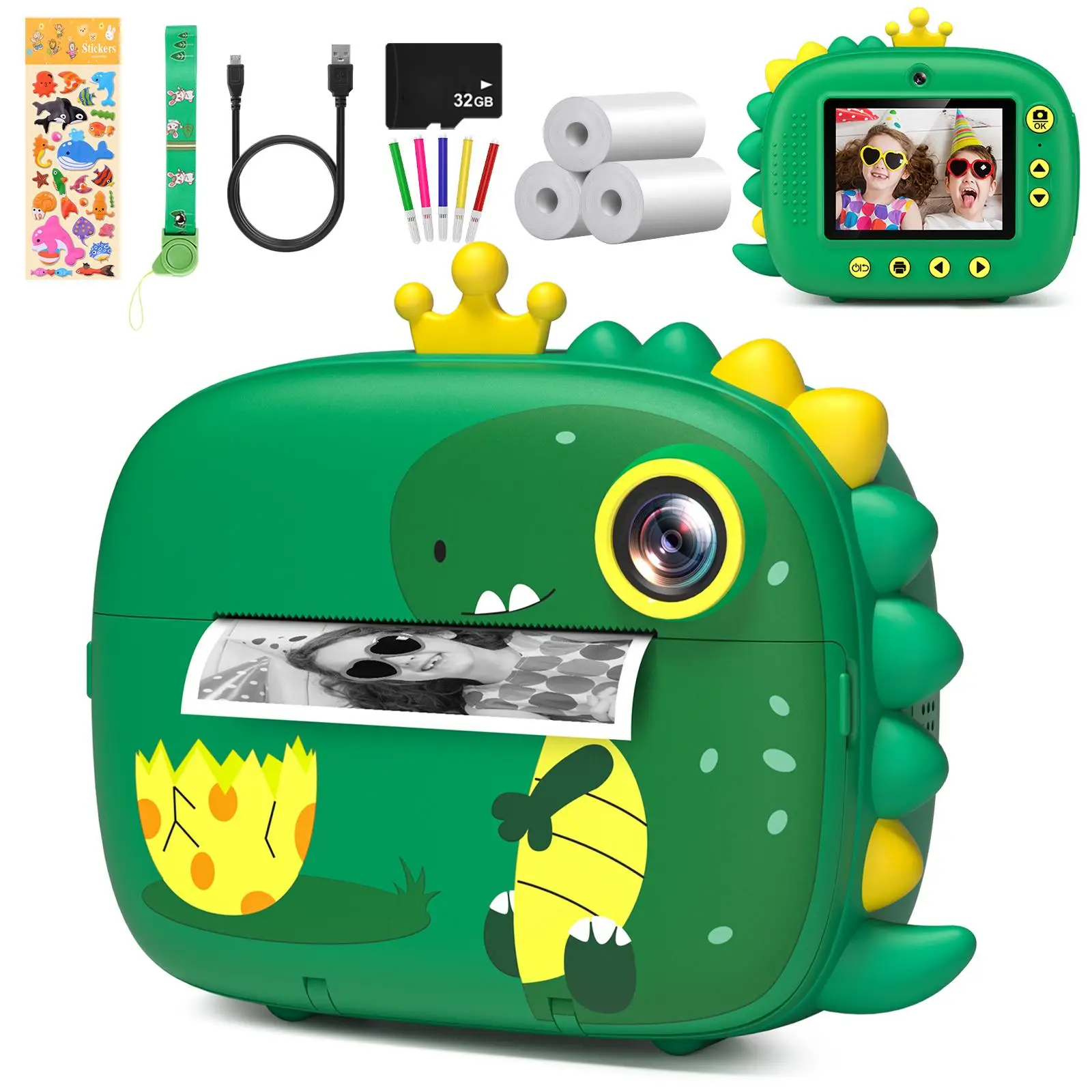 Câmera instantânea infantil, câmera instantânea HD 1080P de 2,4" com cartão de 32 GB, câmera de impressão instantânea para crianças de 3 a 12 anos