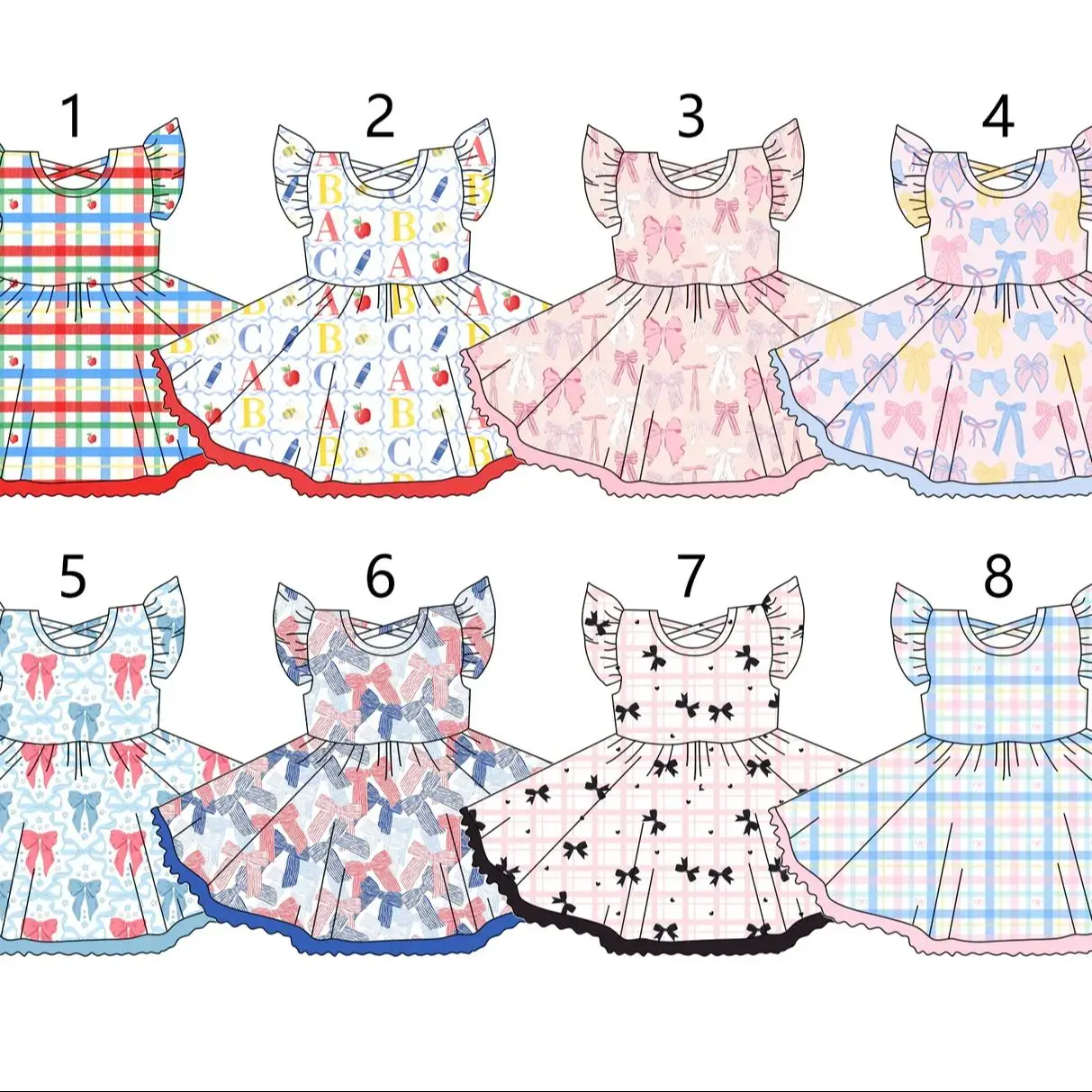 Girls Summer Oversized Skirt Flutter Sleeve Bow Print Back to School Style Hot Sale Boutique Dress