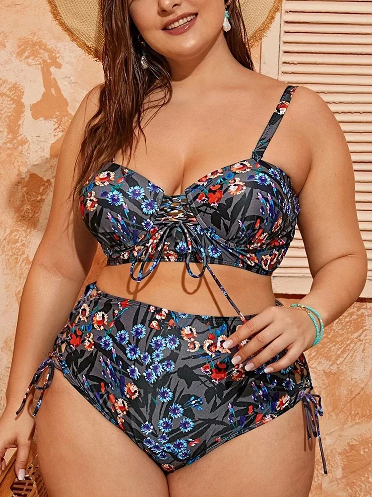 Traje de baño de corte de encaje para mujer, conjunto de bikini de cintura alta, y pendiente push-pull, traje de baño grande 4XL, novedoso