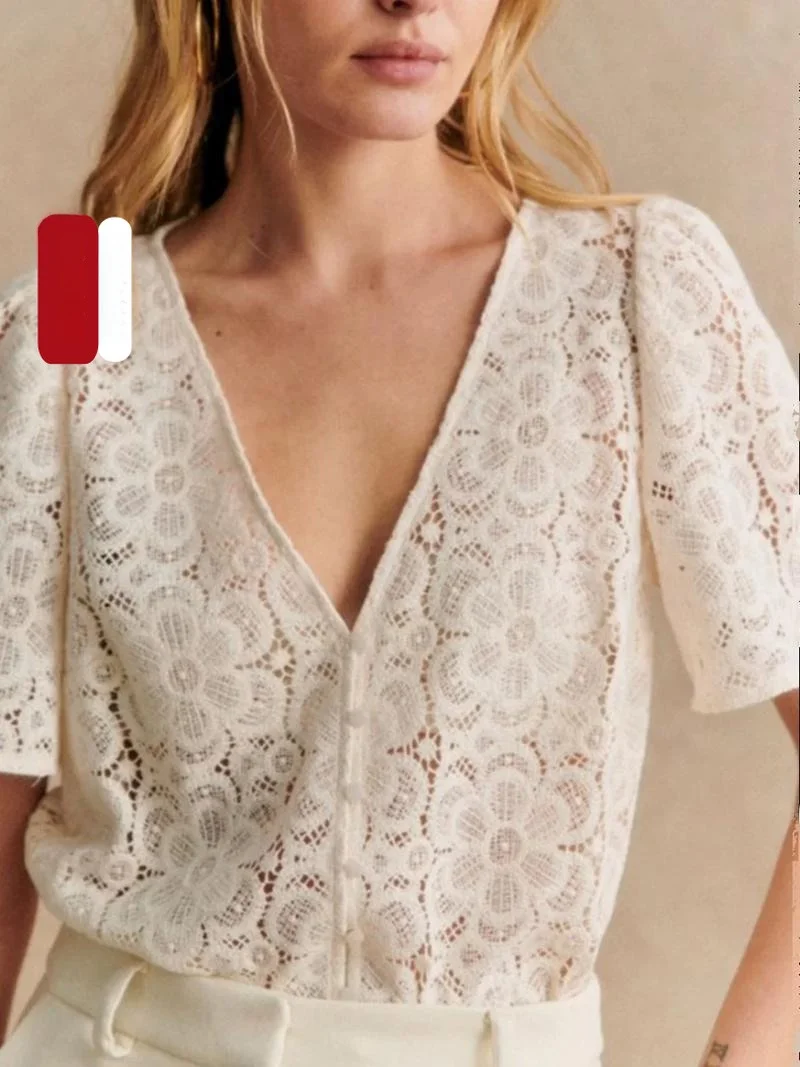

Elegant Embroidered Lace Shirt V-Neck Short Sleeve Hollow Flower Design Breathable Cotton Casual Style Women's Spring Fashion