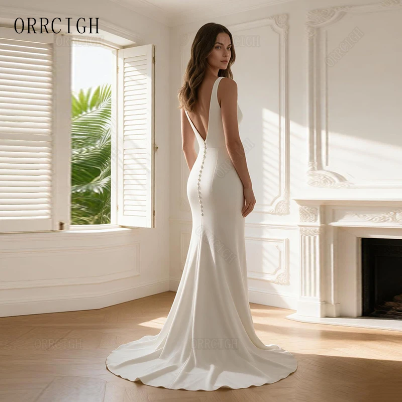 Civil V Neck Mermaid Wedding Dresses for Bride Sleeveless Beach Bridal Gown with Slit Floor Length Backless Customizable 2026