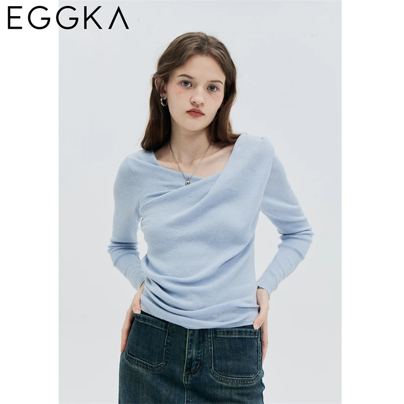 EGGKA Swing Collar Slim Knitwear Women 2024 Autumn Commuting Design Fashionable Tops Female Chic Long-sleeved Top Solid T-shirt