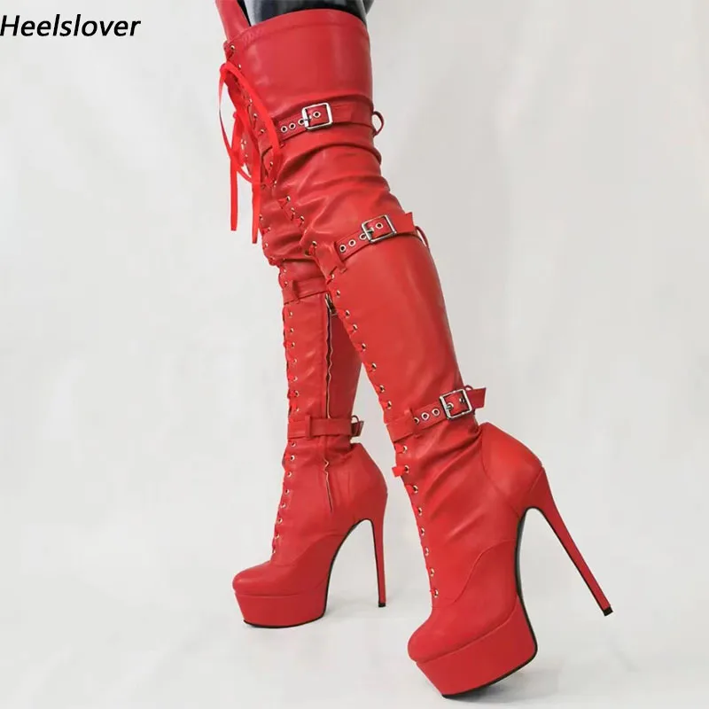 Ahhlsion Advanced Women Winter High Boots Faux Leather Zipper Stiletto Heels Round Toe Red Party Shoes Ladies US Size 5-20