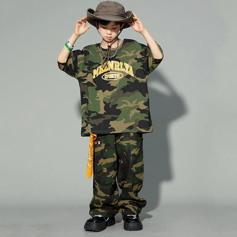 Camiseta de camuflaje para niños, pantalones, ropa fresca de Hip Hop, traje de baile de Jazz para niñas, traje Kpop, ropa de baile callejero SL8629