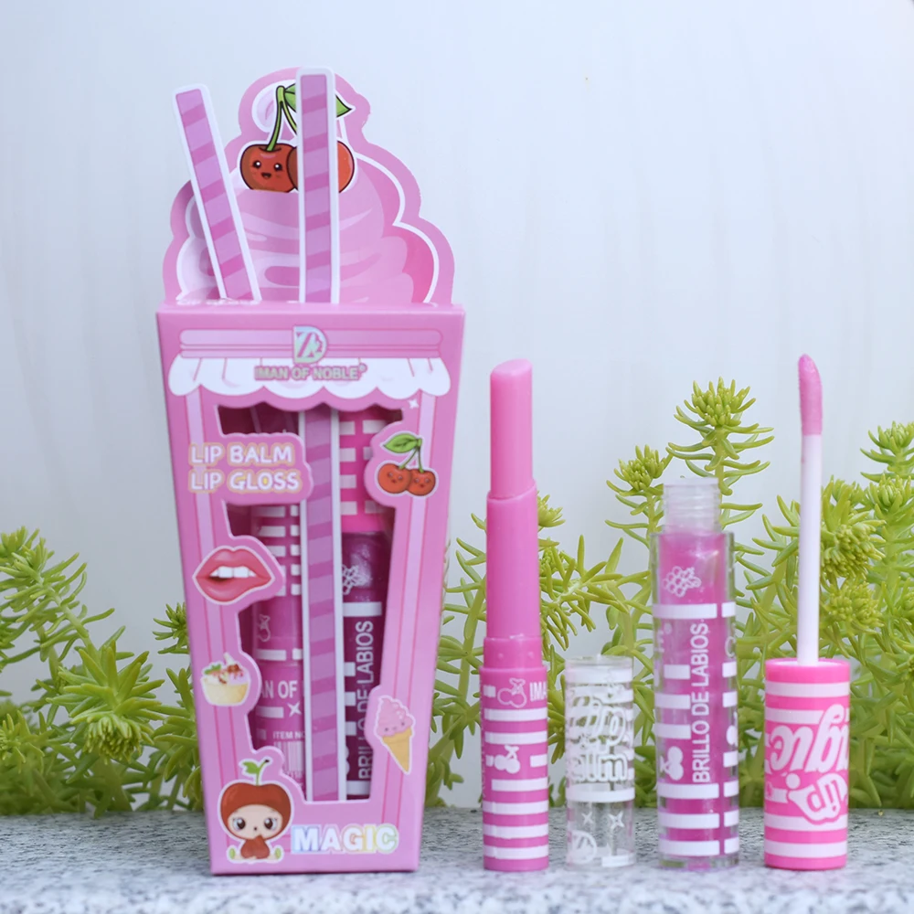 Cute Ice Cream Shiny Lip Gloss Lip Balm Set Girls Woman Waterproof Longlasting Natural Moisturizing Lips Makeup