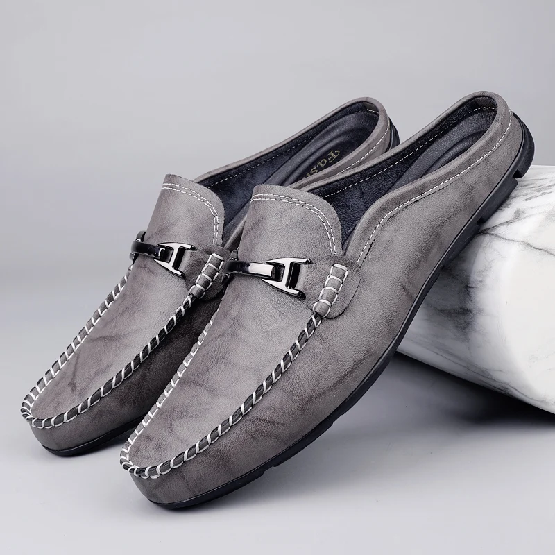 

Genuine Leather Mens Muller Shoes Vintage Slip on Loafers Breathable Moccasins Casual Shoes Leisure Walk Male Slippers Half Drag
