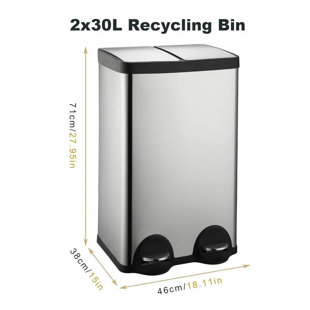 16 gallon/60 liter dual trash cans, 2 x 8 gallon recycling bins with 2 plastic removable liners