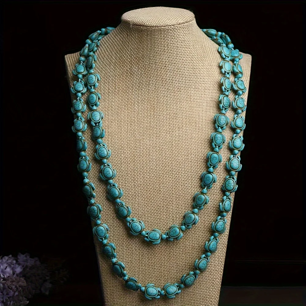 

Turquoise Turtle Long Necklace Original Design Ethnic Style Handmade Knotting