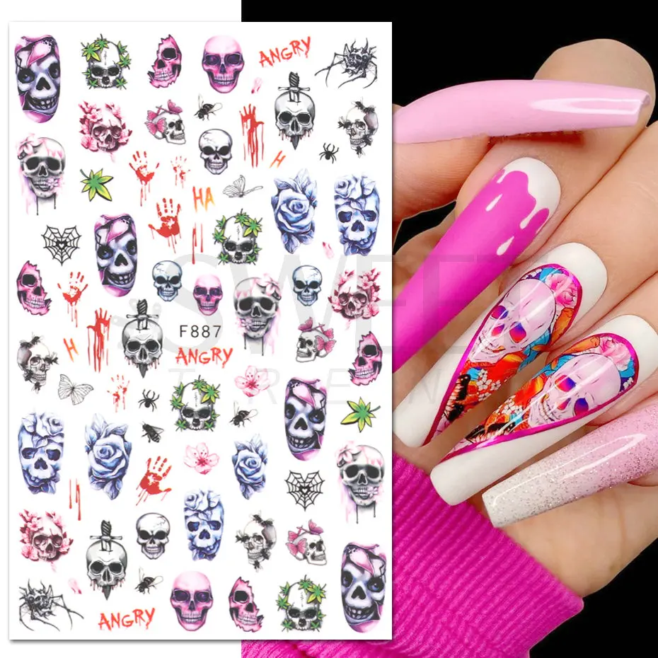 Cute Halloween Nail Design Sticker Pink Cartoon Skull Pumpkin Spooky 3D Punk Holiday Manicure Slider Nail Art Accessories KEF886